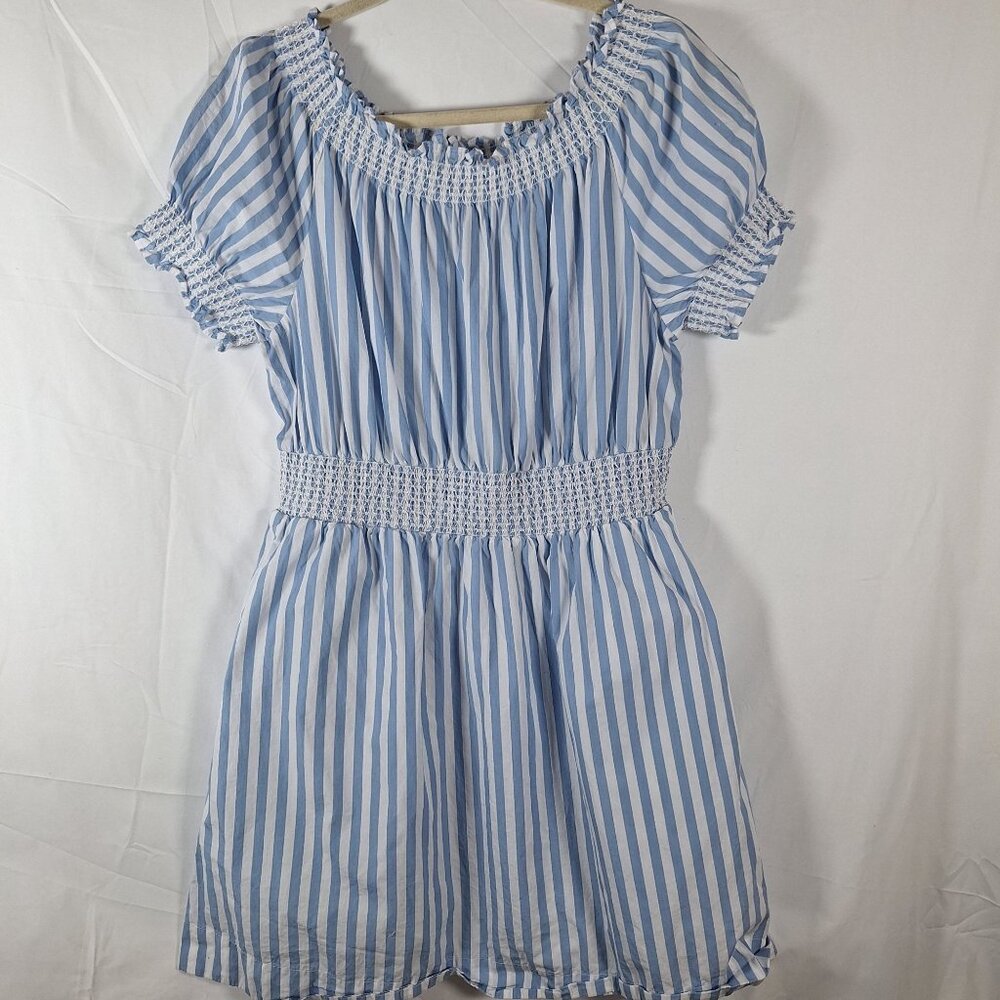 J.Crew Blue & White Striped Smocked Short-Sleeve Dress Size L 100% Cotton